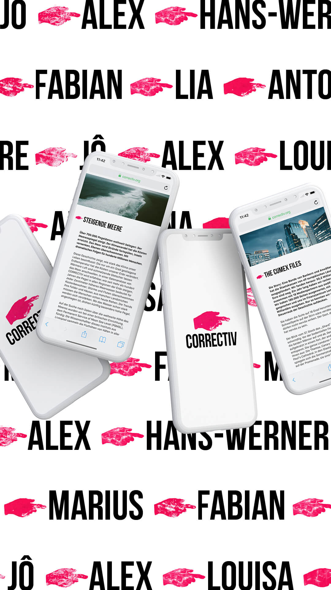 Four floating cell phones show excerpts from the Correctiv website with articles on rising sea levels and Cum Ex